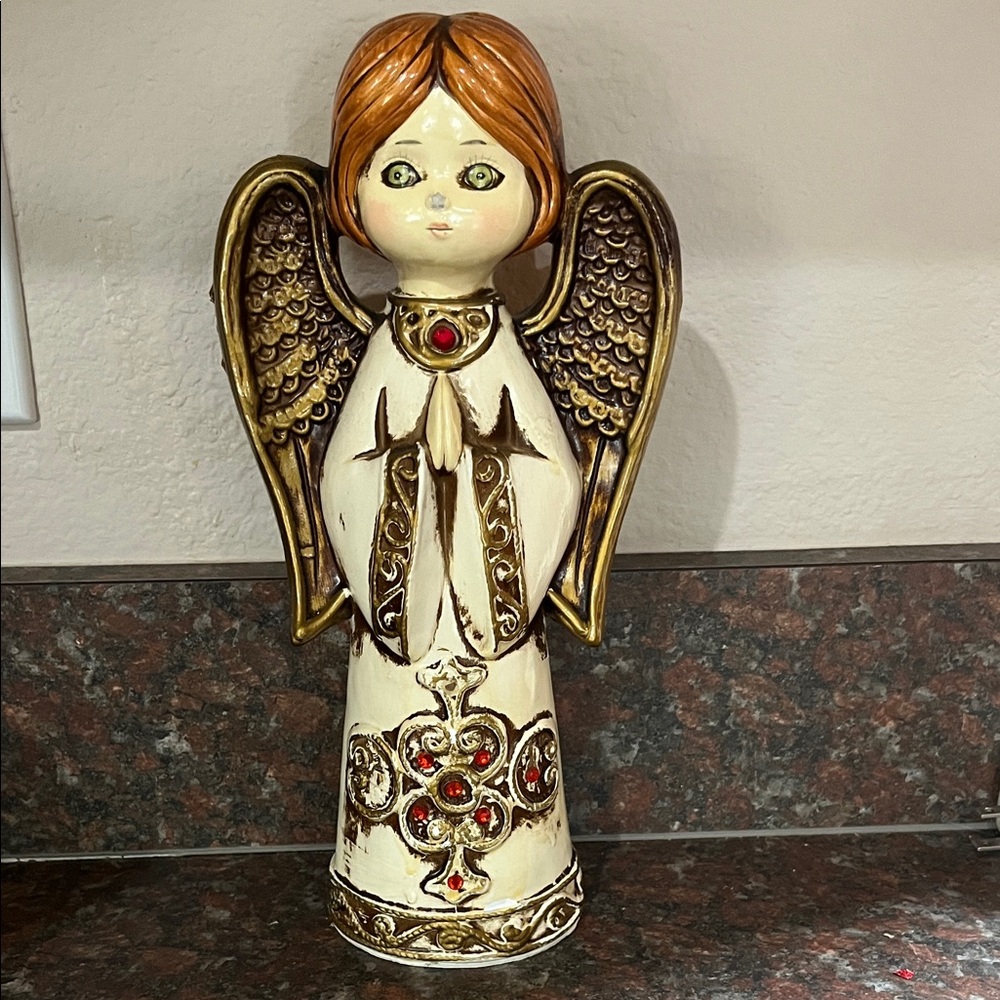 Vintage 1940s Handcrafted Angel Figurine with Gold and Brown Accents